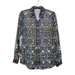 CABI Festival Sheer Button Up Blouse Gray Multicolor Geometric Print Size Small